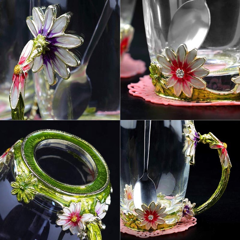 DasyFly Daisy Flower Tea Cup,Handmade Glass Enamel Coffee Mugs with Delicate Spoon,Birthday Gift for Wife,Mum,Girlfriend,Teacher - Image 4
